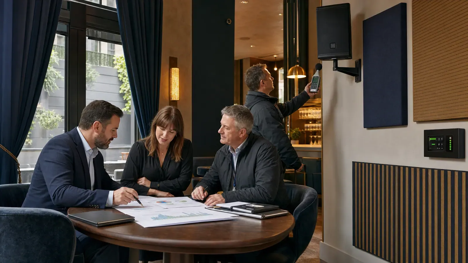 Consultants reviewing acoustic reports in a bar while a wall-mounted speaker and noise limiter are checked behind them
