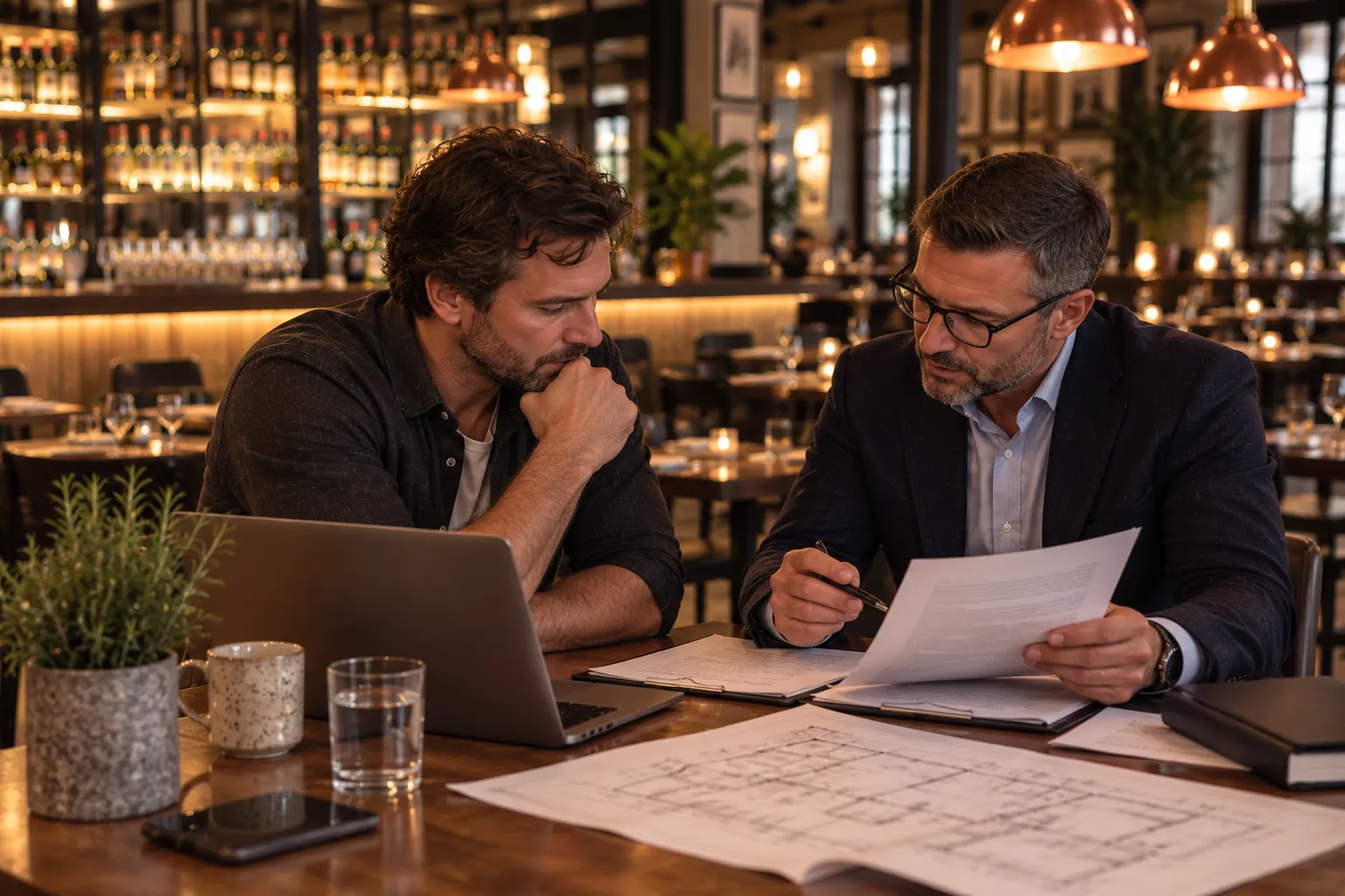 two man on a table discussing