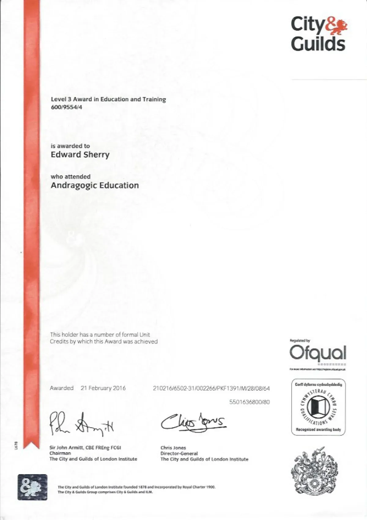 The Level 3 Award in Education and Training certificate issued to Edward Sherry OBE by City & Guilds
