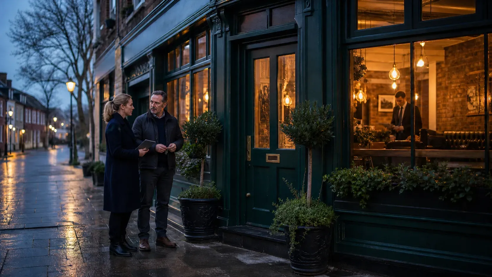 A licensing consultant talking with an operator outside a lit pub on a wet street at dusk