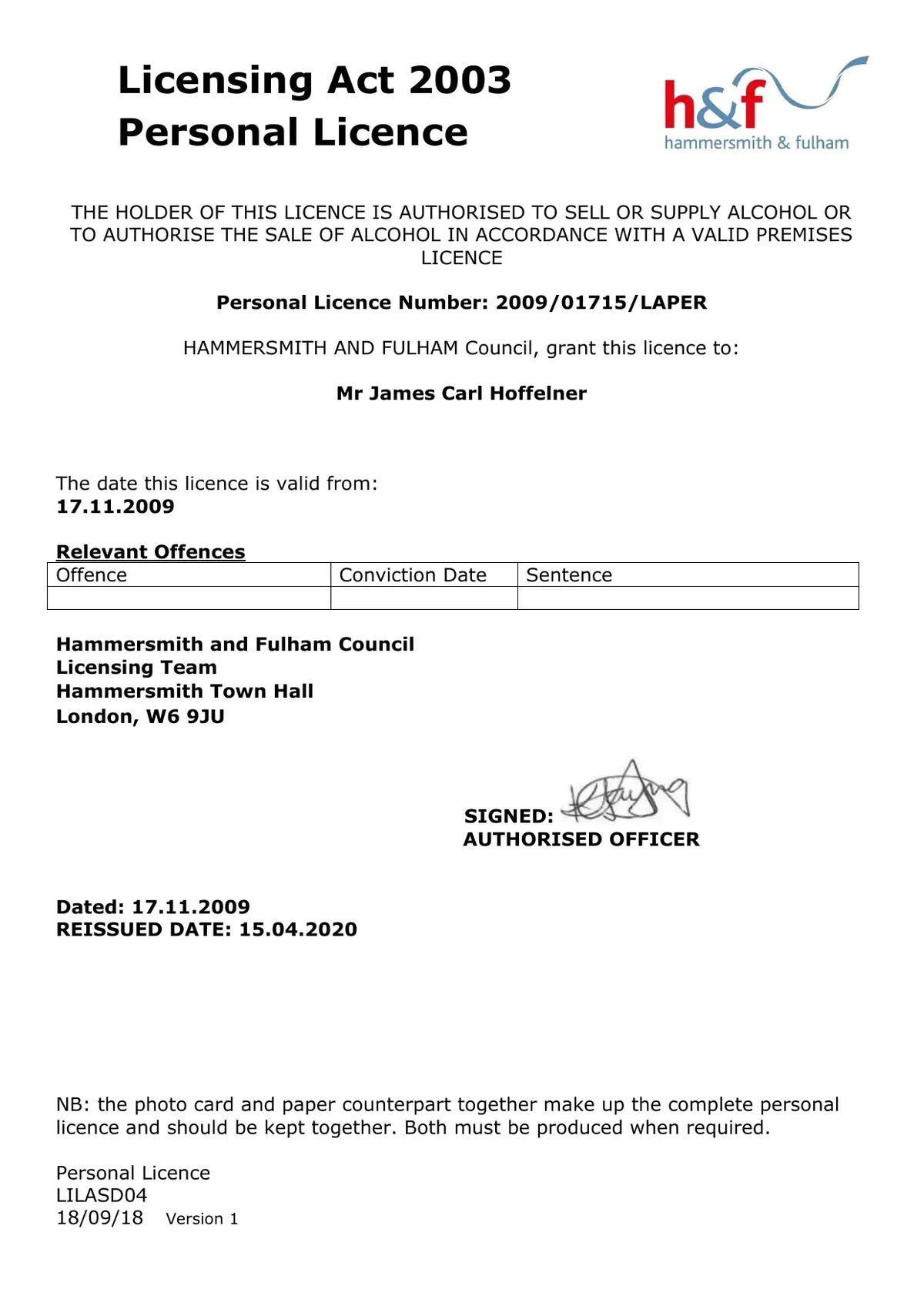 The Personal Licence certificate issued to James Hoffelner by London Borough of Hammersmith & Fulham
