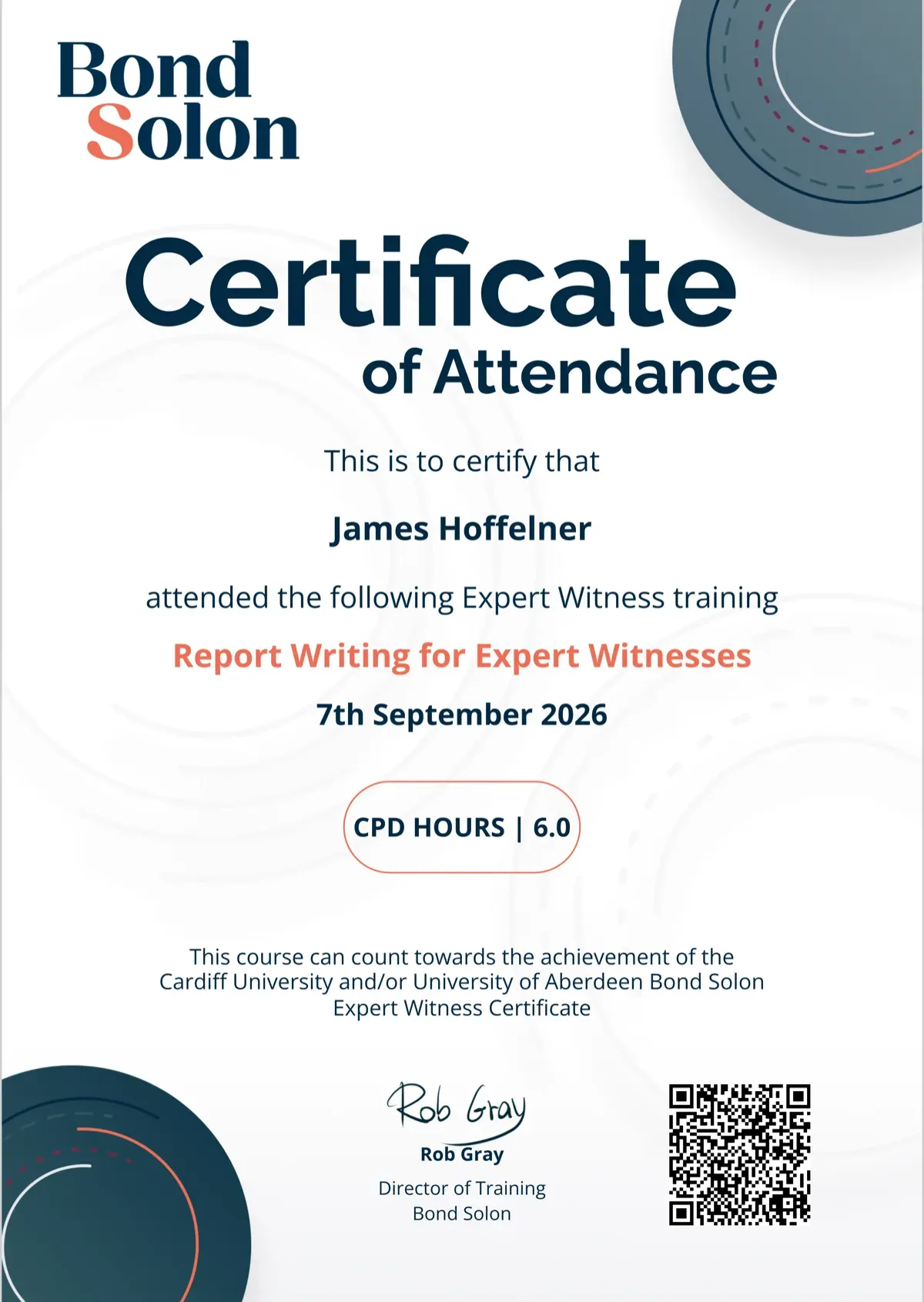 The Report Writing for Expert Witnesses certificate issued to James Hoffelner by Bond Solon
