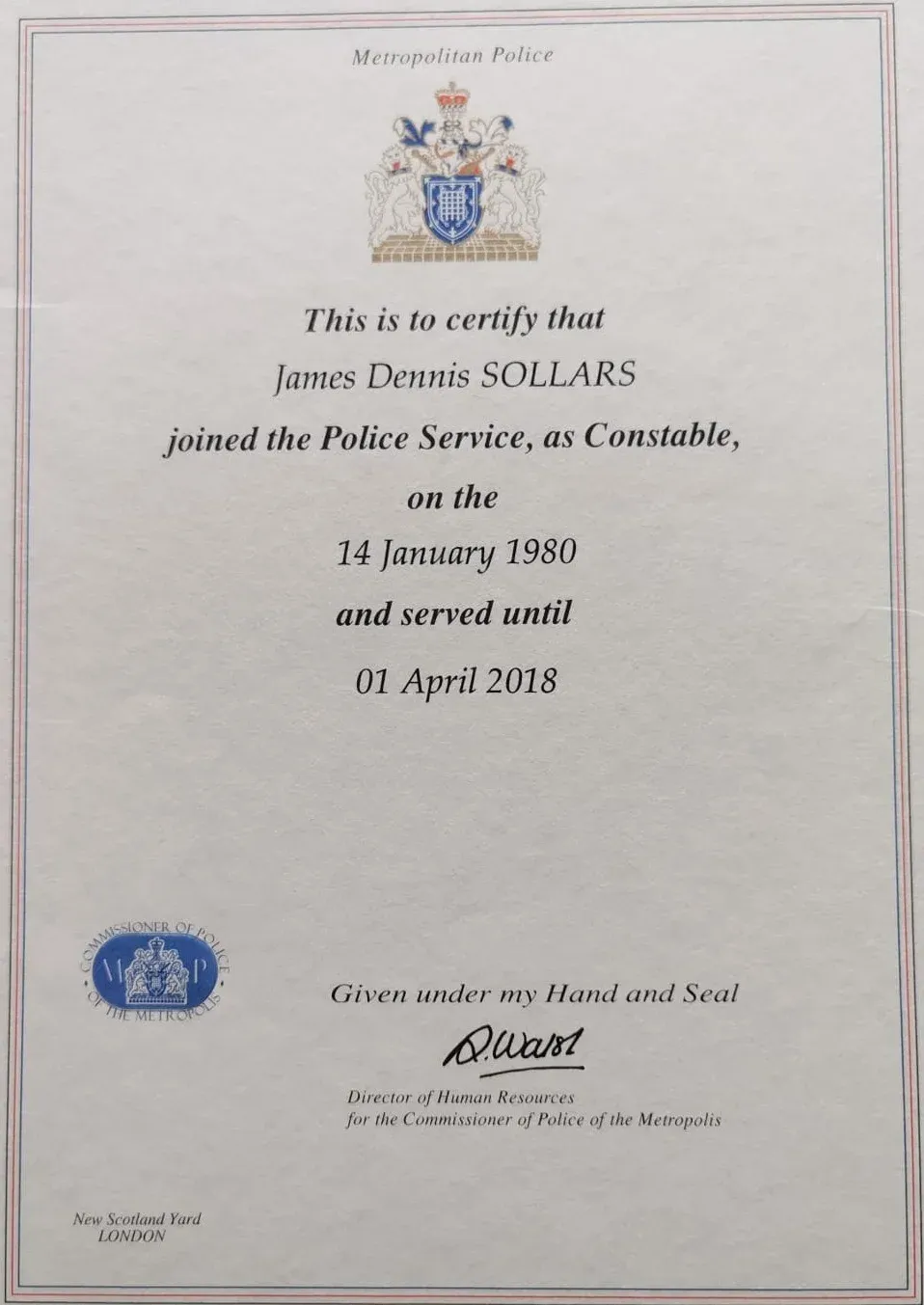 The Metropolitan Police Certificate of Service certificate issued to Jim Sollars by Metropolitan Police