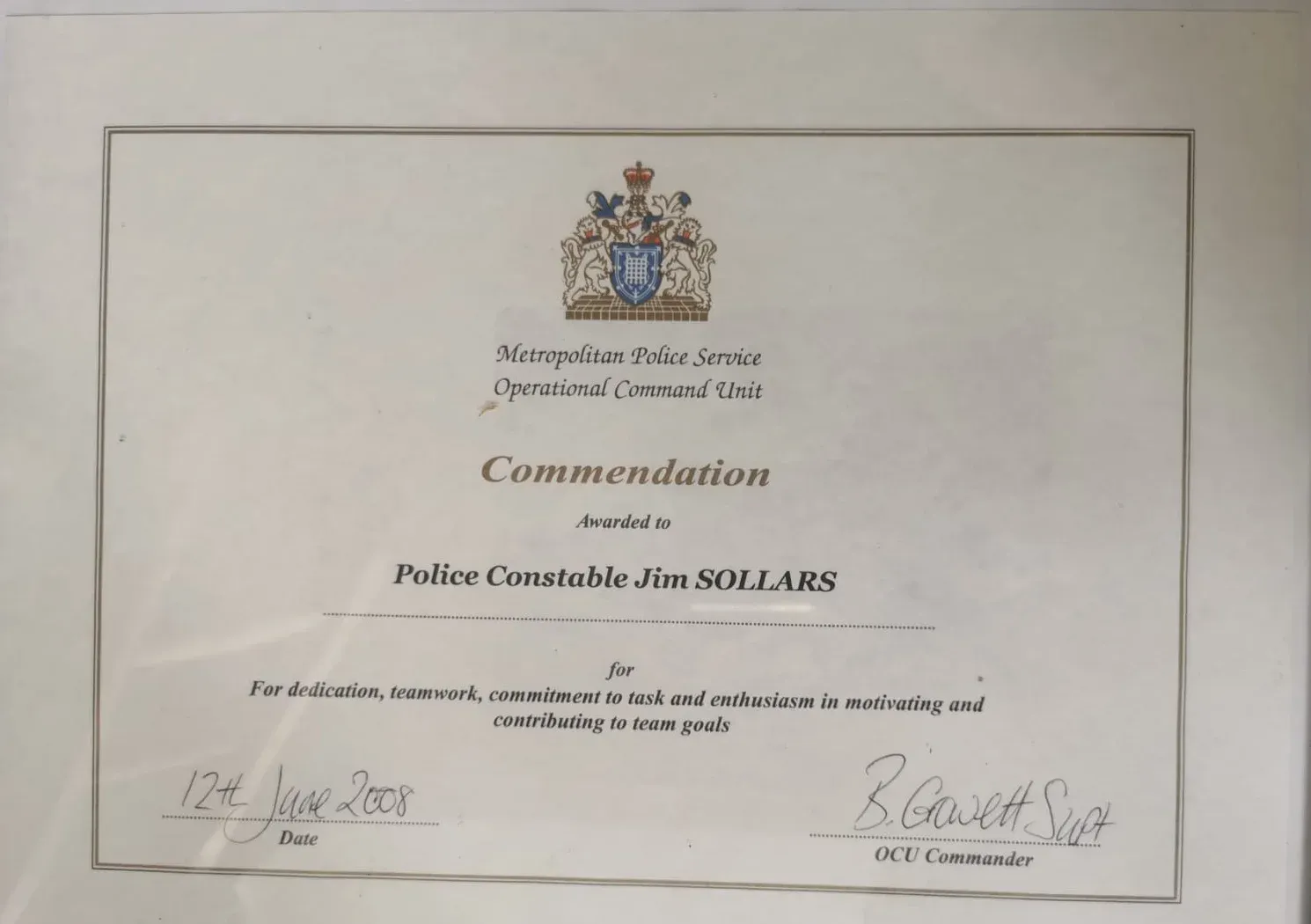The Metropolitan Police Service Commendation, 2008 certificate issued to Jim Sollars by Metropolitan Police Service