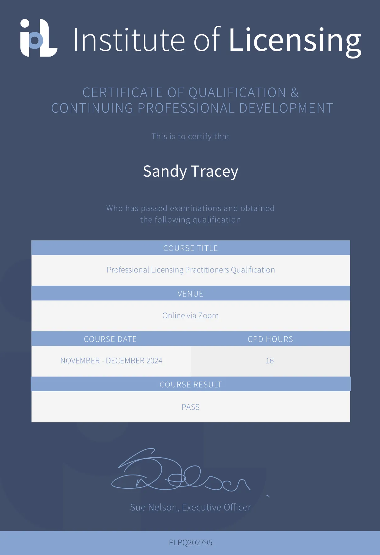 The Professional Licensing Practitioners Qualification (PLPQ) certificate issued to Sandy Tracey by Institute of Licensing (IOL)