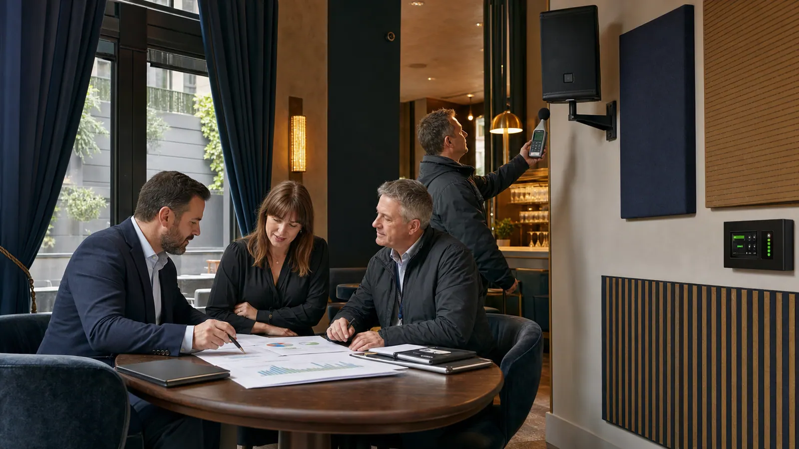 Consultants reviewing acoustic reports in a bar while a wall-mounted speaker and noise limiter are checked behind them