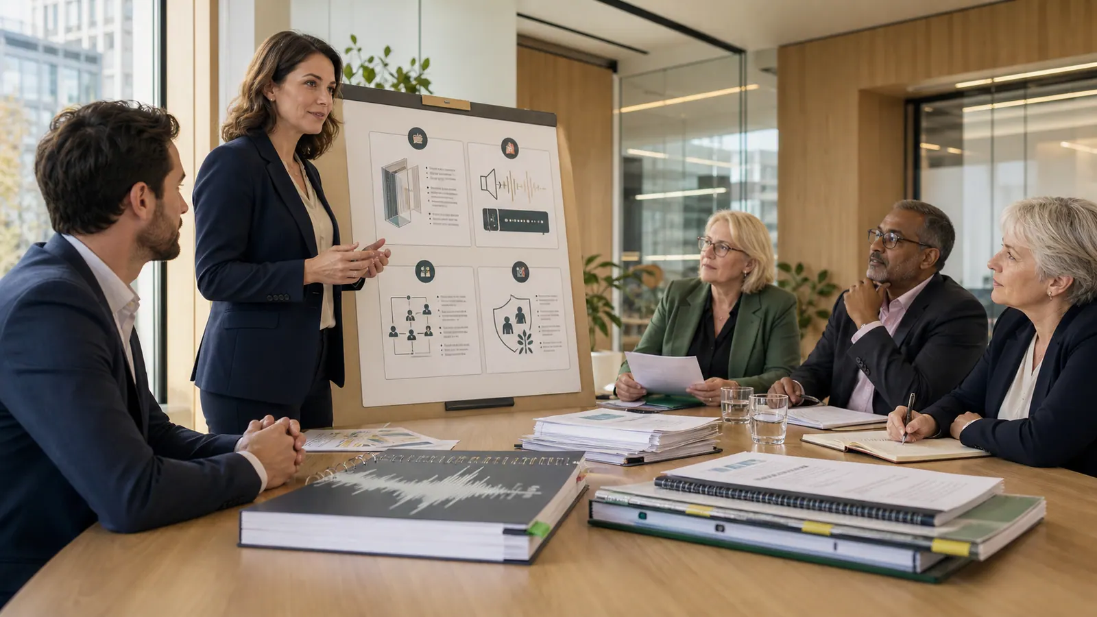 A consultant presenting soundproofing and noise management proposals to a licensing panel
