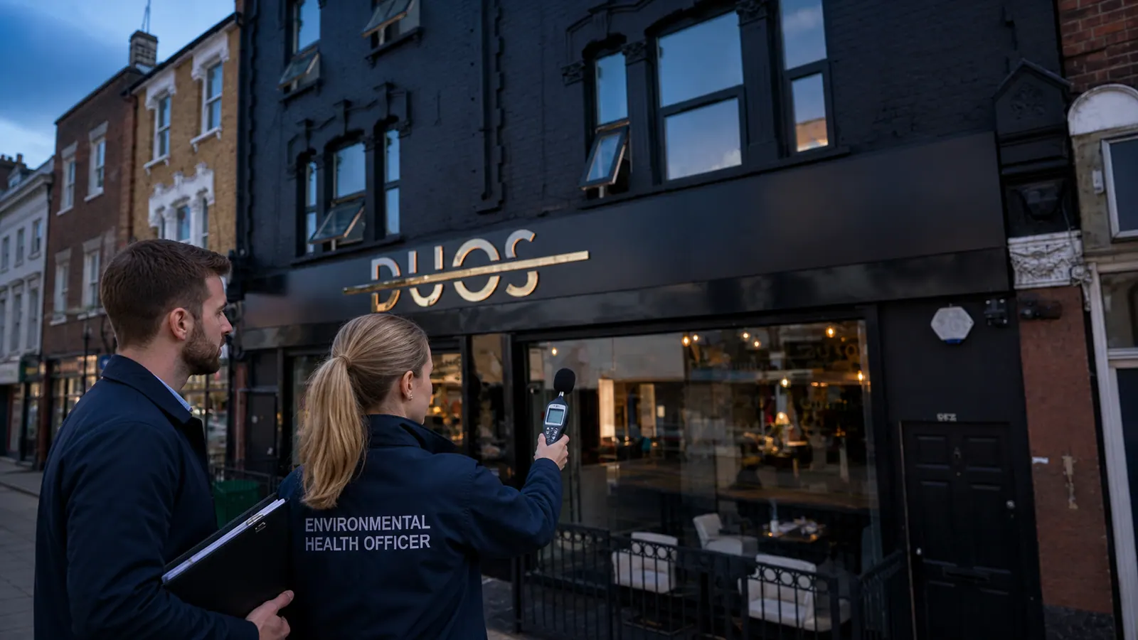 An environmental health officer taking a sound level reading outside Duos Lounge at dusk